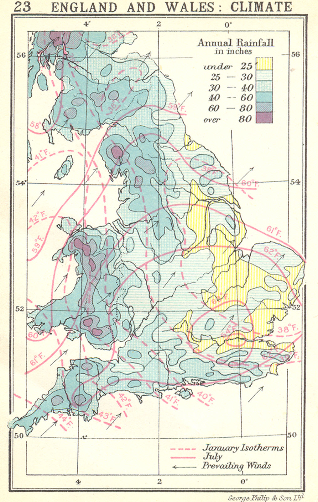 UK. England and Wales. Climate; Small map 1912 old antique plan chart